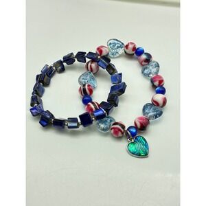 Stretch Bracelet Lot of 2 Blue Shell Square Bead and Lucite Heart Charm Boho